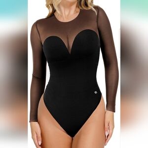 Popilush Longsleeve Black Mesh Shapewear Tummy Control Bodysuit Size Large